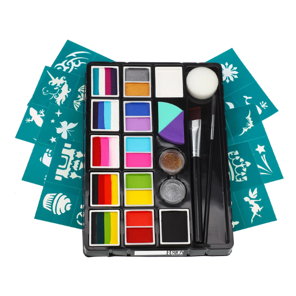Kit Maquillaje Inicial Fusión | Set Completo para Iniciar en el Arte de Pinta Caritas – Incluye 12 Colores, 5 Cakes, Plantillas y Herramientas
