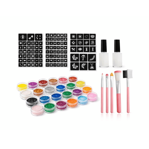Kit Profesional Glitter Tattoo | Set Completo con Plantillas, Glitter Cosmético y Adhesivo Corporal